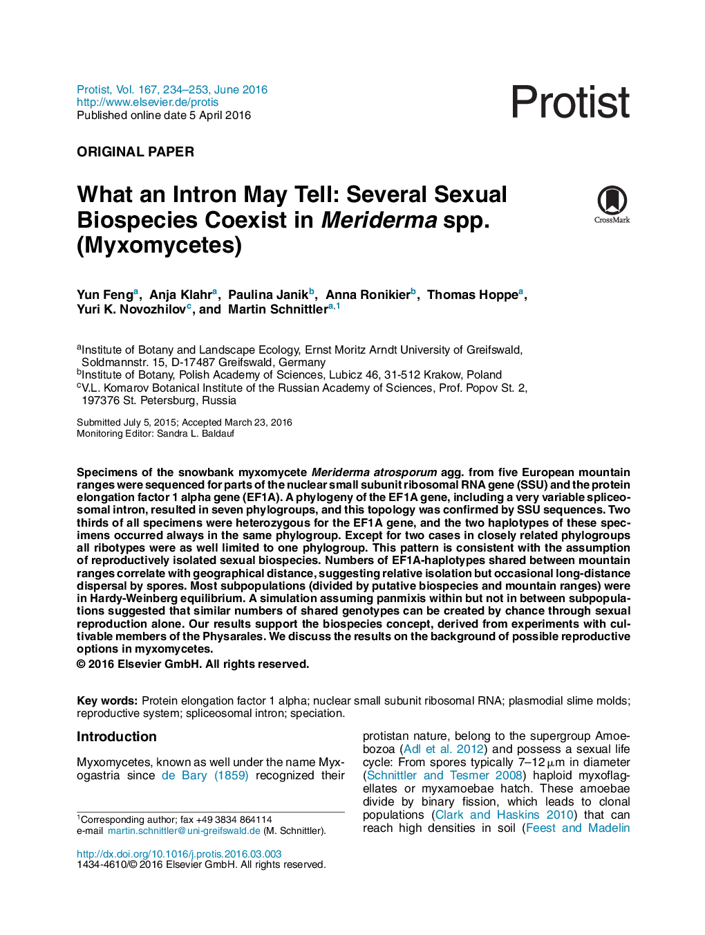 What an Intron May Tell: Several Sexual Biospecies Coexist in Meriderma spp. (Myxomycetes)