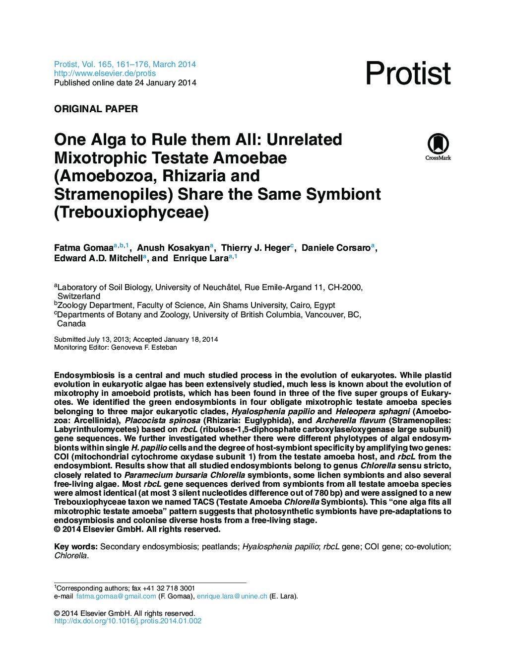 One Alga to Rule them All: Unrelated Mixotrophic Testate Amoebae (Amoebozoa, Rhizaria and Stramenopiles) Share the Same Symbiont (Trebouxiophyceae)