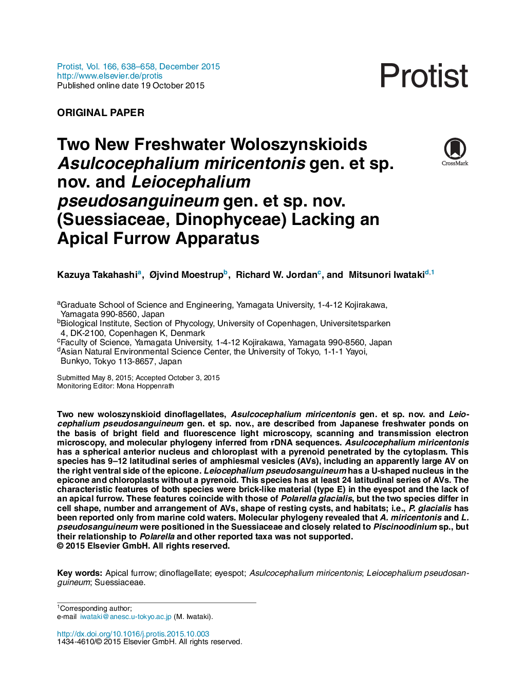 Two New Freshwater Woloszynskioids Asulcocephalium miricentonis gen. et sp. nov. and Leiocephalium pseudosanguineum gen. et sp. nov. (Suessiaceae, Dinophyceae) Lacking an Apical Furrow Apparatus