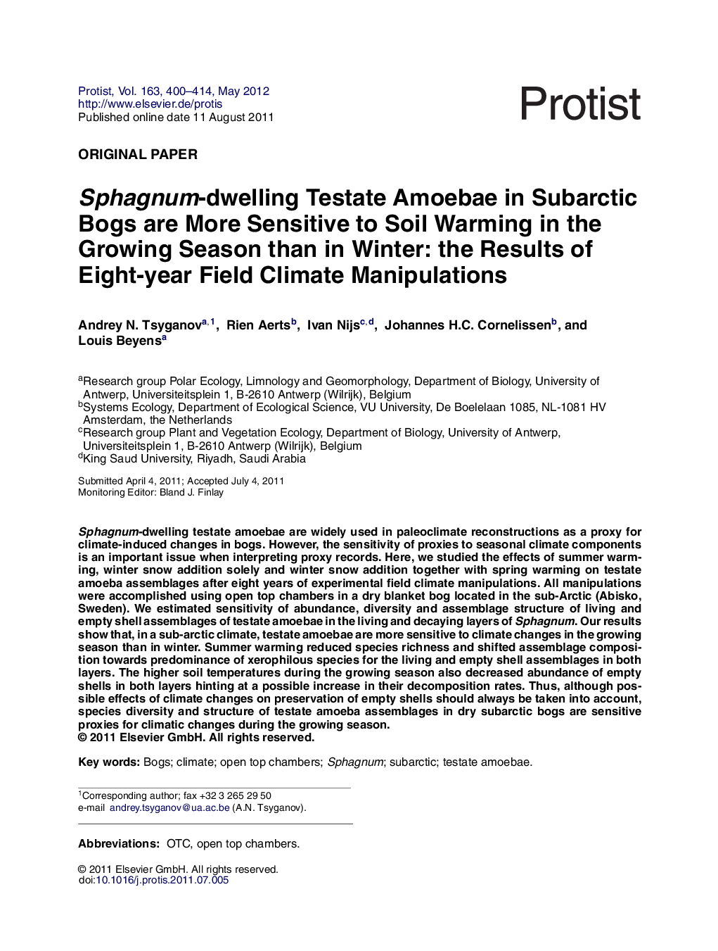 Sphagnum-dwelling Testate Amoebae in Subarctic Bogs are More Sensitive to Soil Warming in the Growing Season than in Winter: the Results of Eight-year Field Climate Manipulations