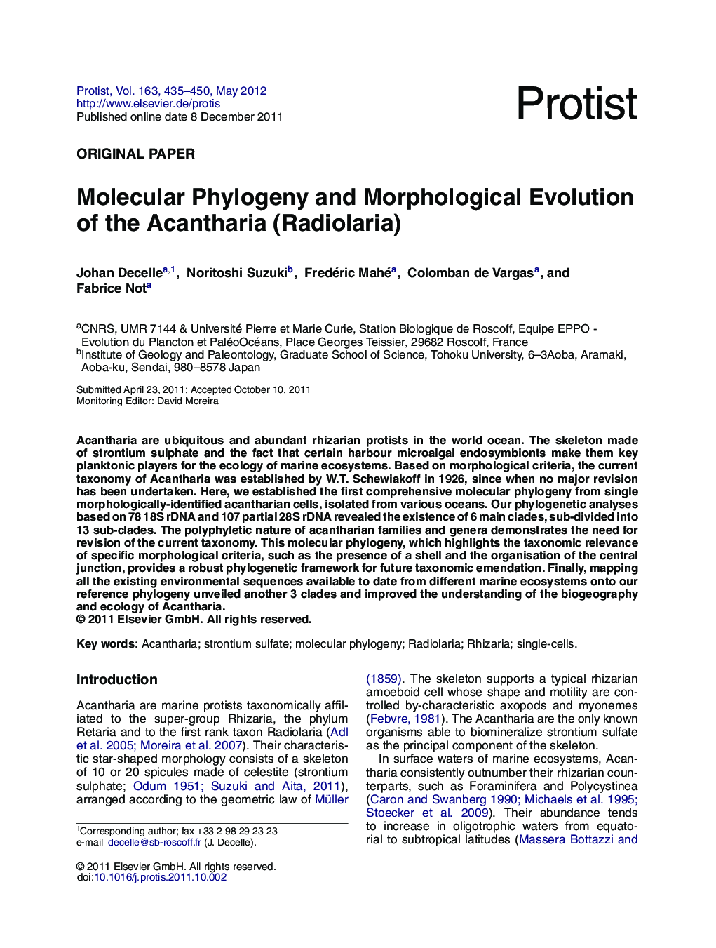 Molecular Phylogeny and Morphological Evolution of the Acantharia (Radiolaria)