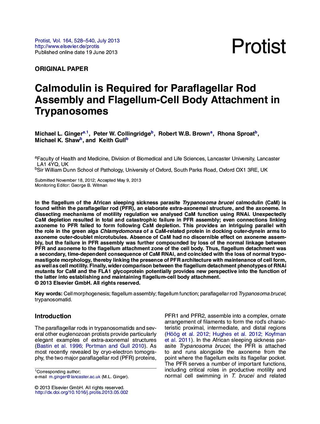 Calmodulin is Required for Paraflagellar Rod Assembly and Flagellum-Cell Body Attachment in Trypanosomes