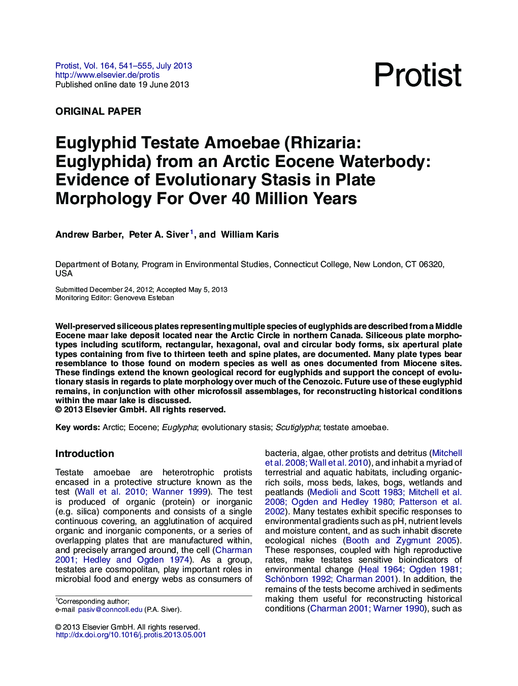 Euglyphid Testate Amoebae (Rhizaria: Euglyphida) from an Arctic Eocene Waterbody: Evidence of Evolutionary Stasis in Plate Morphology For Over 40 Million Years