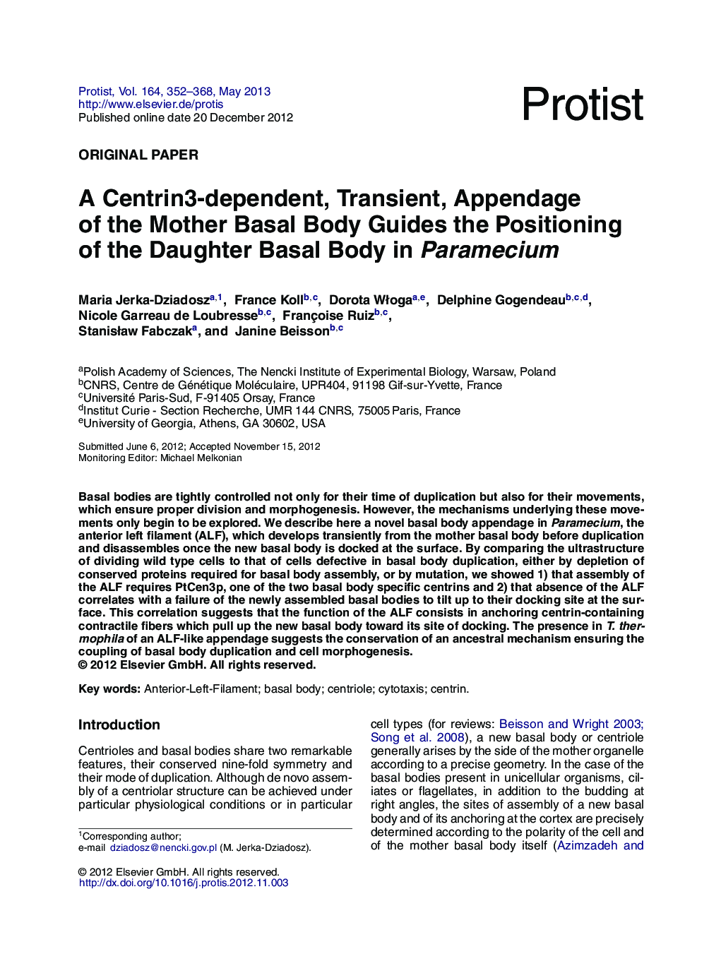 A Centrin3-dependent, Transient, Appendage of the Mother Basal Body Guides the Positioning of the Daughter Basal Body in Paramecium