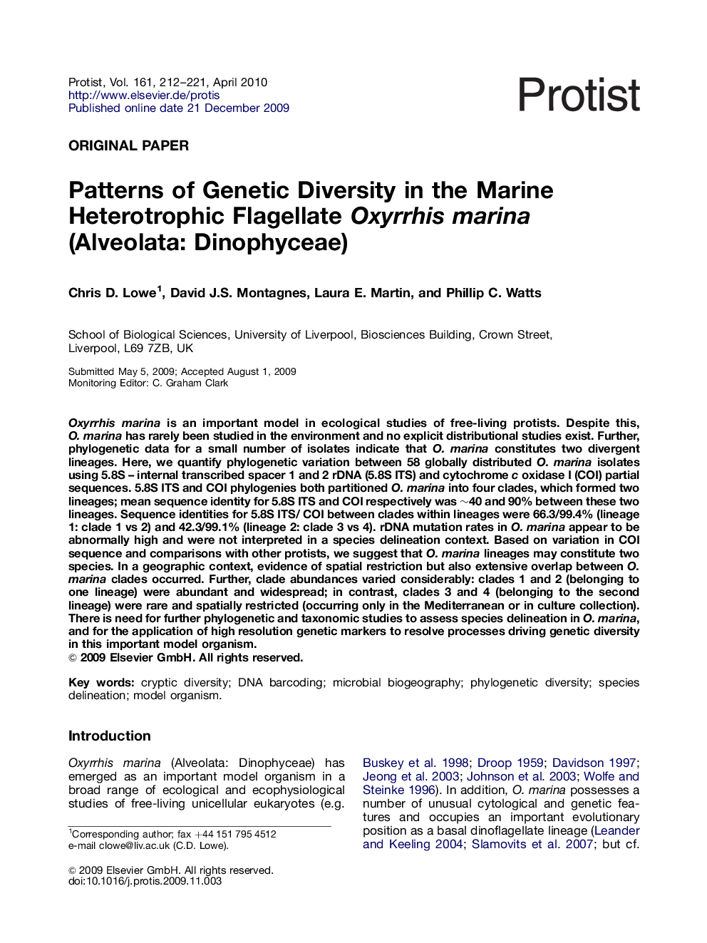 Patterns of Genetic Diversity in the Marine Heterotrophic Flagellate Oxyrrhis marina (Alveolata: Dinophyceae)