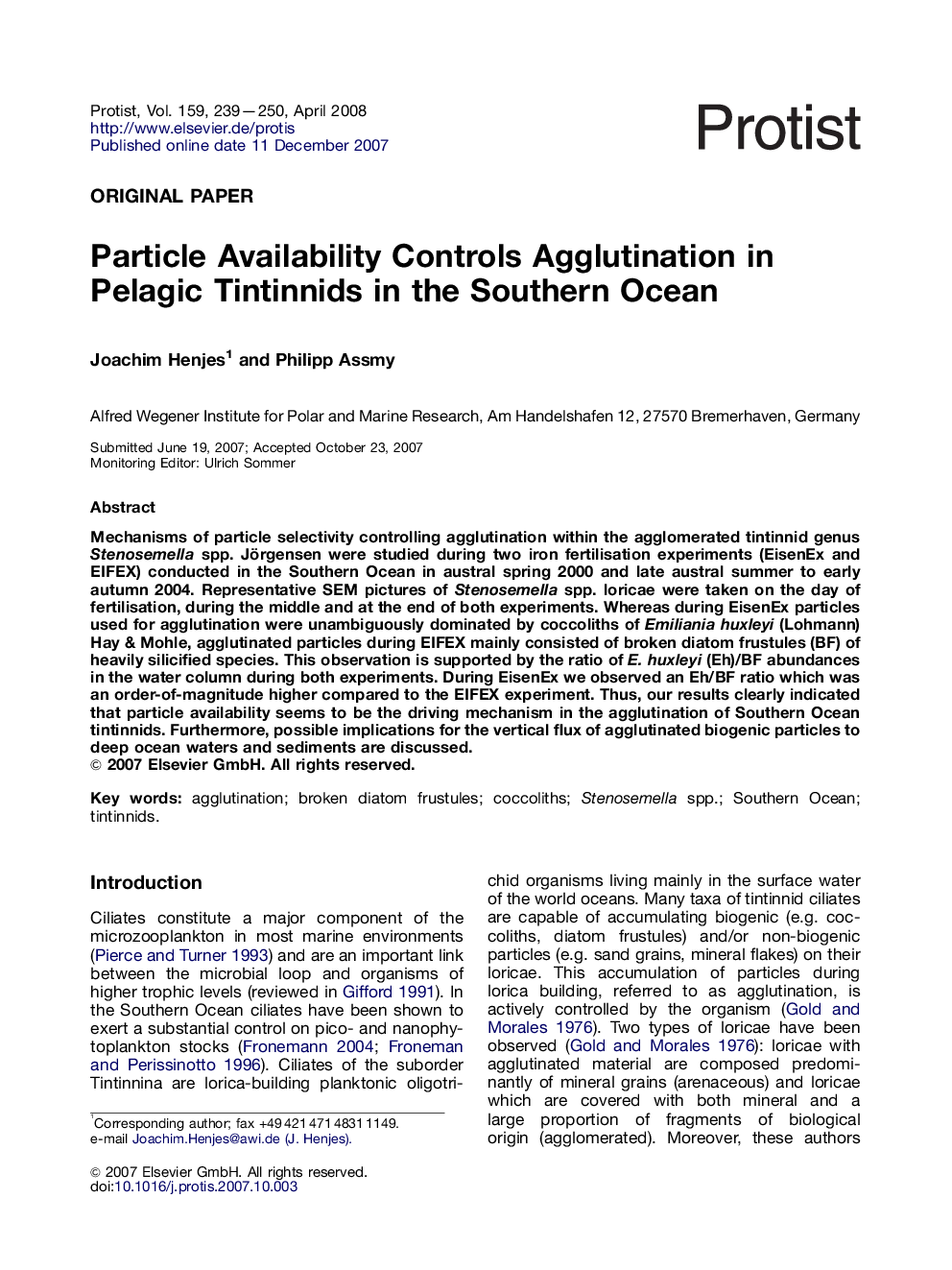 Particle Availability Controls Agglutination in Pelagic Tintinnids in the Southern Ocean