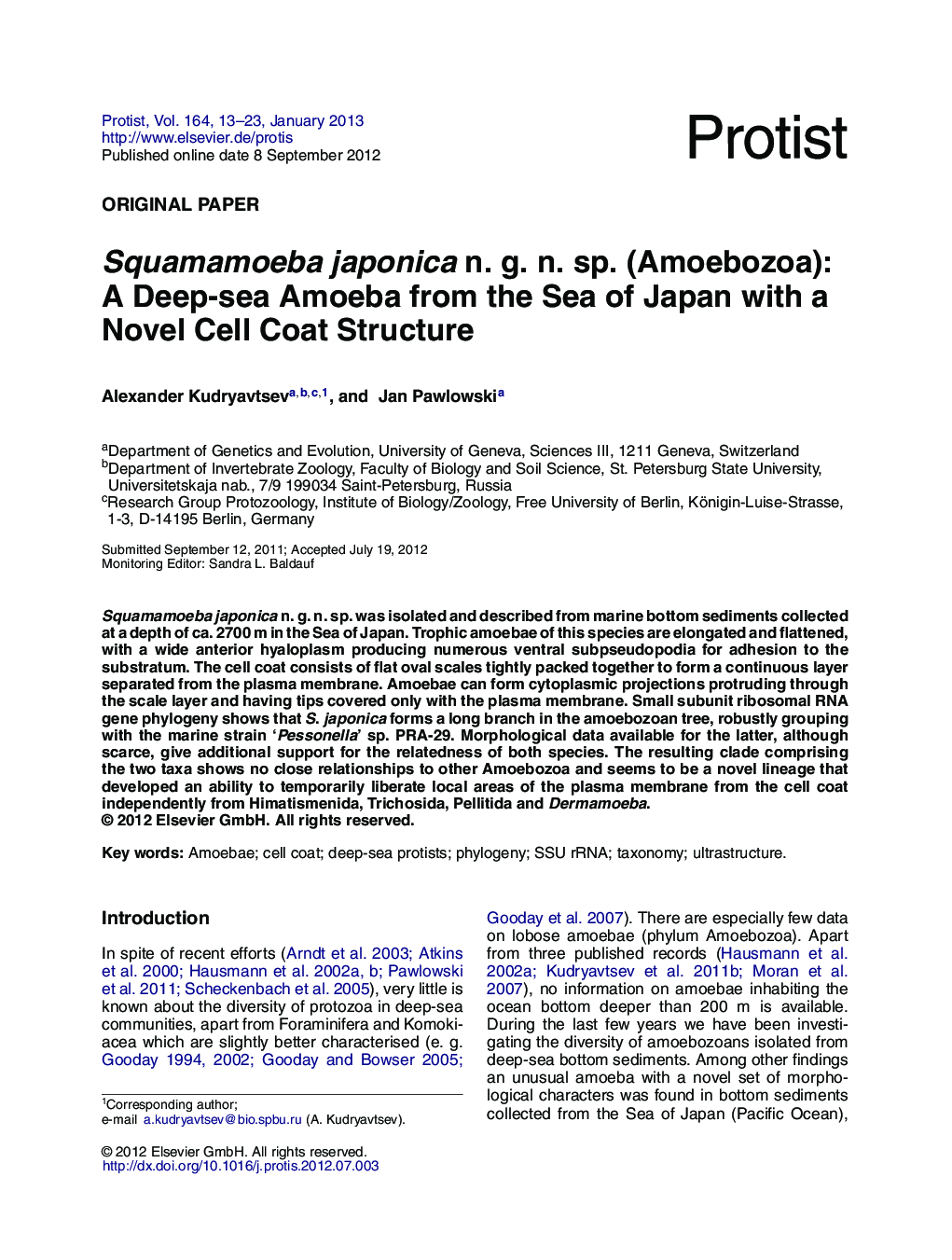 Squamamoeba japonica n. g. n. sp. (Amoebozoa): A Deep-sea Amoeba from the Sea of Japan with a Novel Cell Coat Structure