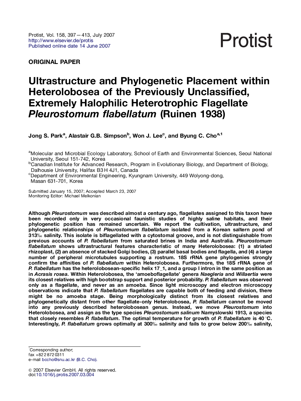 Ultrastructure and Phylogenetic Placement within Heterolobosea of the Previously Unclassified, Extremely Halophilic Heterotrophic Flagellate Pleurostomum flabellatum (Ruinen 1938)