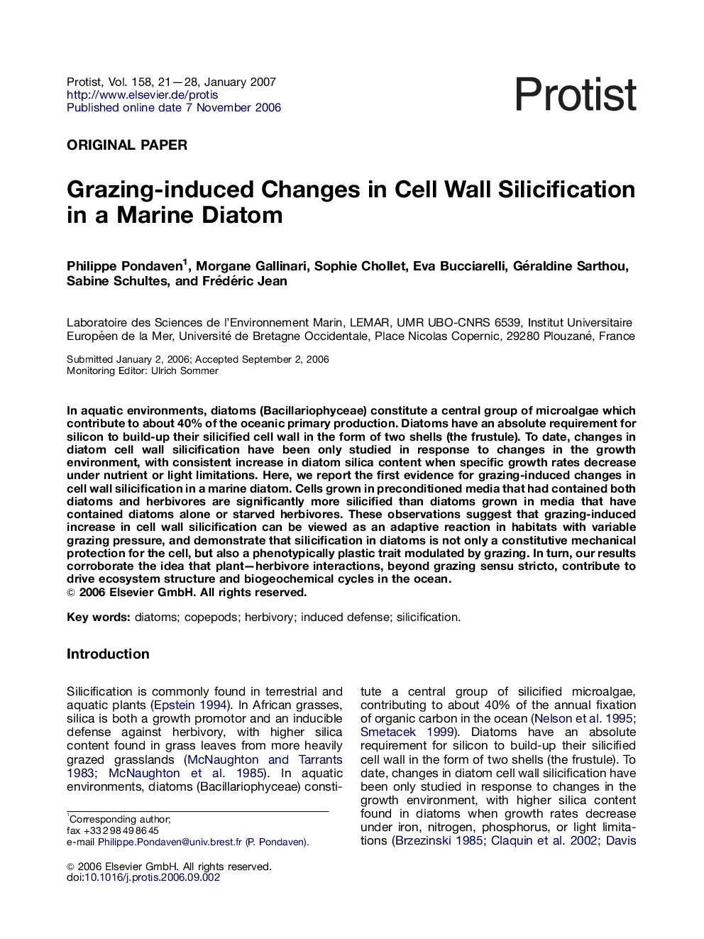 Grazing-induced Changes in Cell Wall Silicification in a Marine Diatom