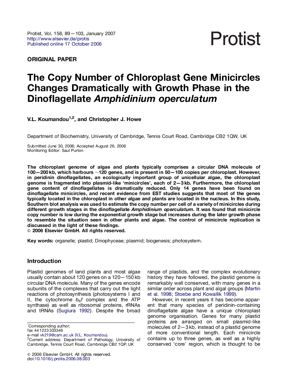 The Copy Number of Chloroplast Gene Minicircles Changes Dramatically with Growth Phase in the Dinoflagellate Amphidinium operculatum