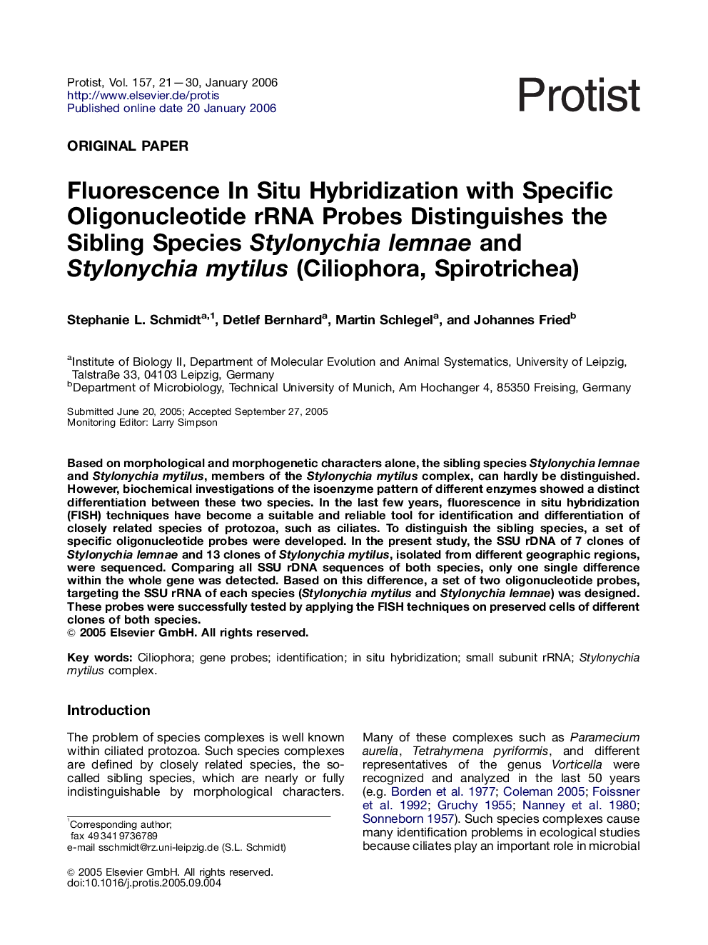 Fluorescence In Situ Hybridization with Specific Oligonucleotide rRNA Probes Distinguishes the Sibling Species Stylonychia lemnae and Stylonychia mytilus (Ciliophora, Spirotrichea)