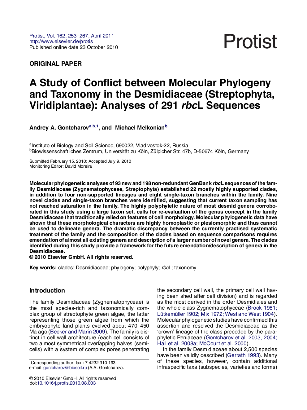 A Study of Conflict between Molecular Phylogeny and Taxonomy in the Desmidiaceae (Streptophyta, Viridiplantae): Analyses of 291 rbcL Sequences