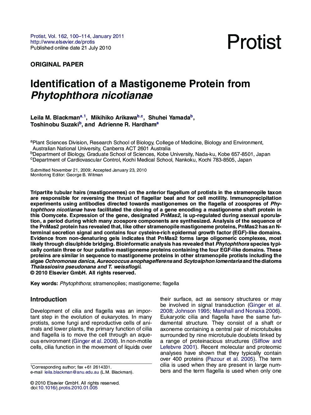 Identification of a Mastigoneme Protein from Phytophthora nicotianae