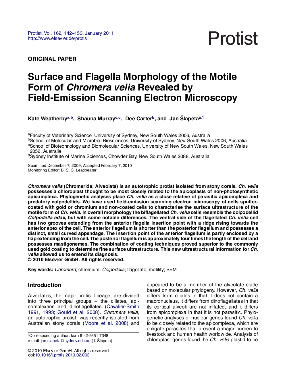 Surface and Flagella Morphology of the Motile Form of Chromera velia Revealed by Field-Emission Scanning Electron Microscopy