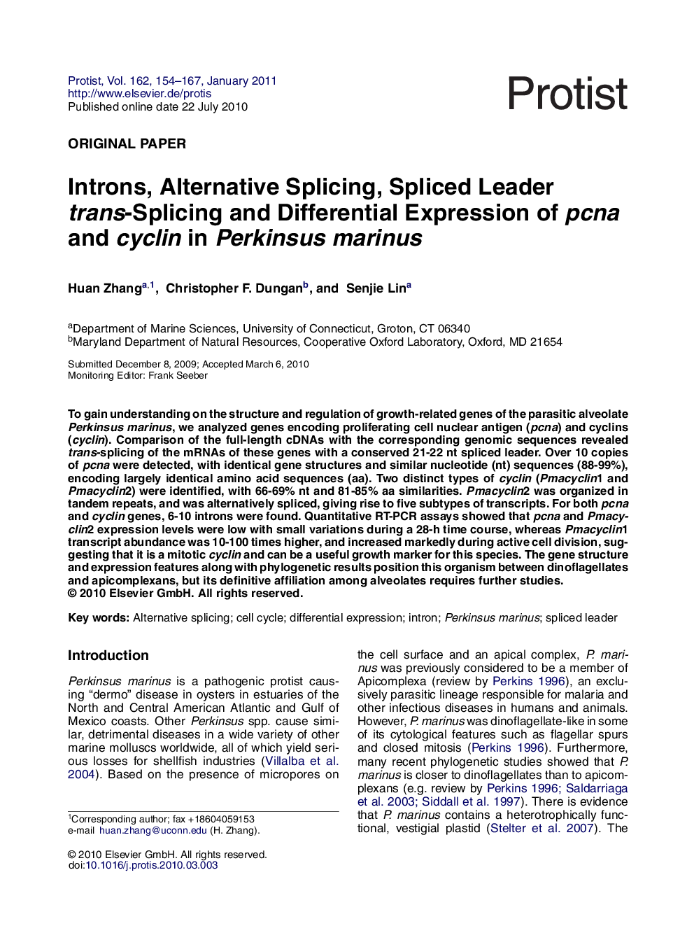 Introns, Alternative Splicing, Spliced Leader trans-Splicing and Differential Expression of pcna and cyclin in Perkinsus marinus