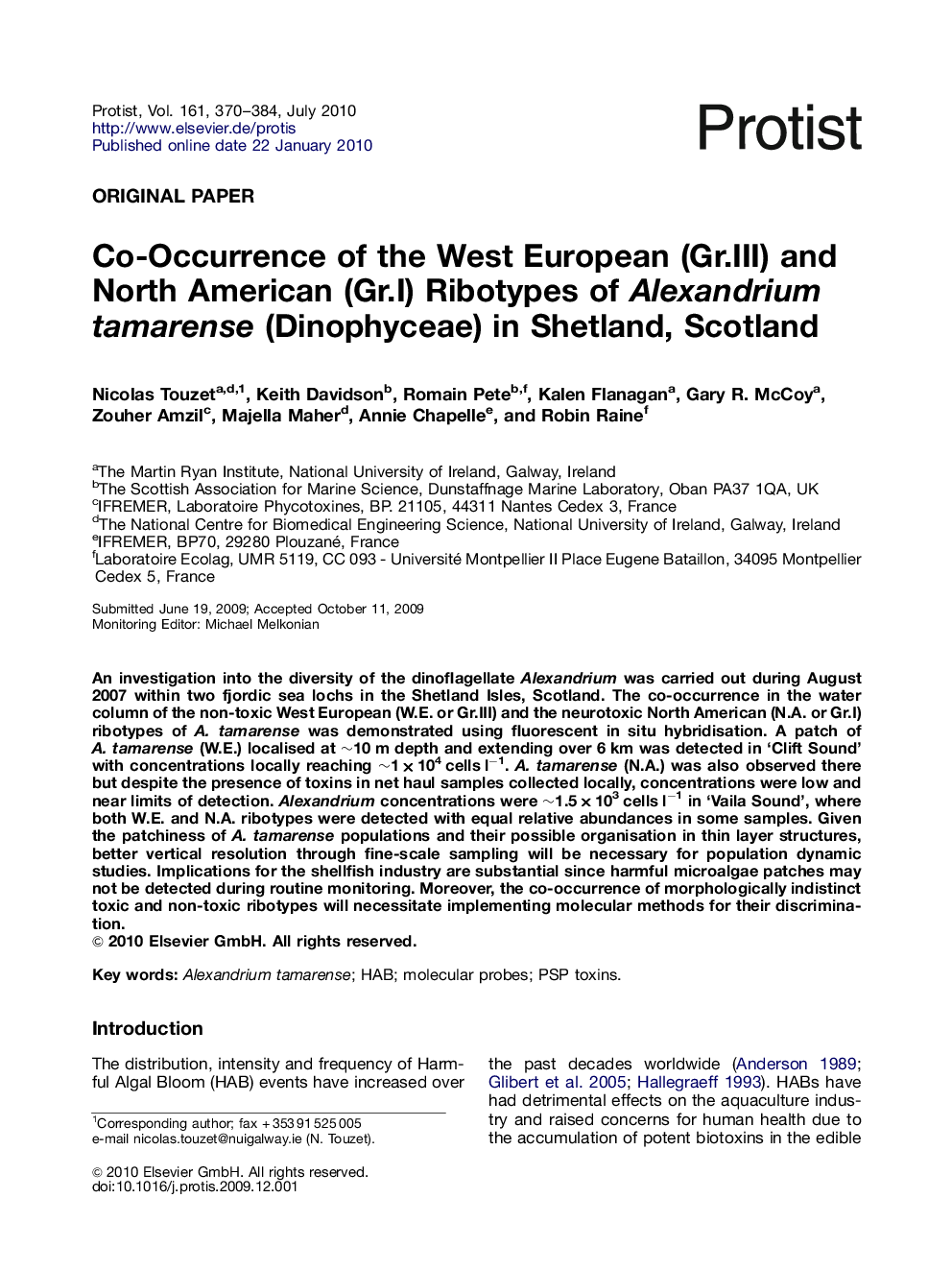 Co-Occurrence of the West European (Gr.III) and North American (Gr.I) Ribotypes of Alexandrium tamarense (Dinophyceae) in Shetland, Scotland