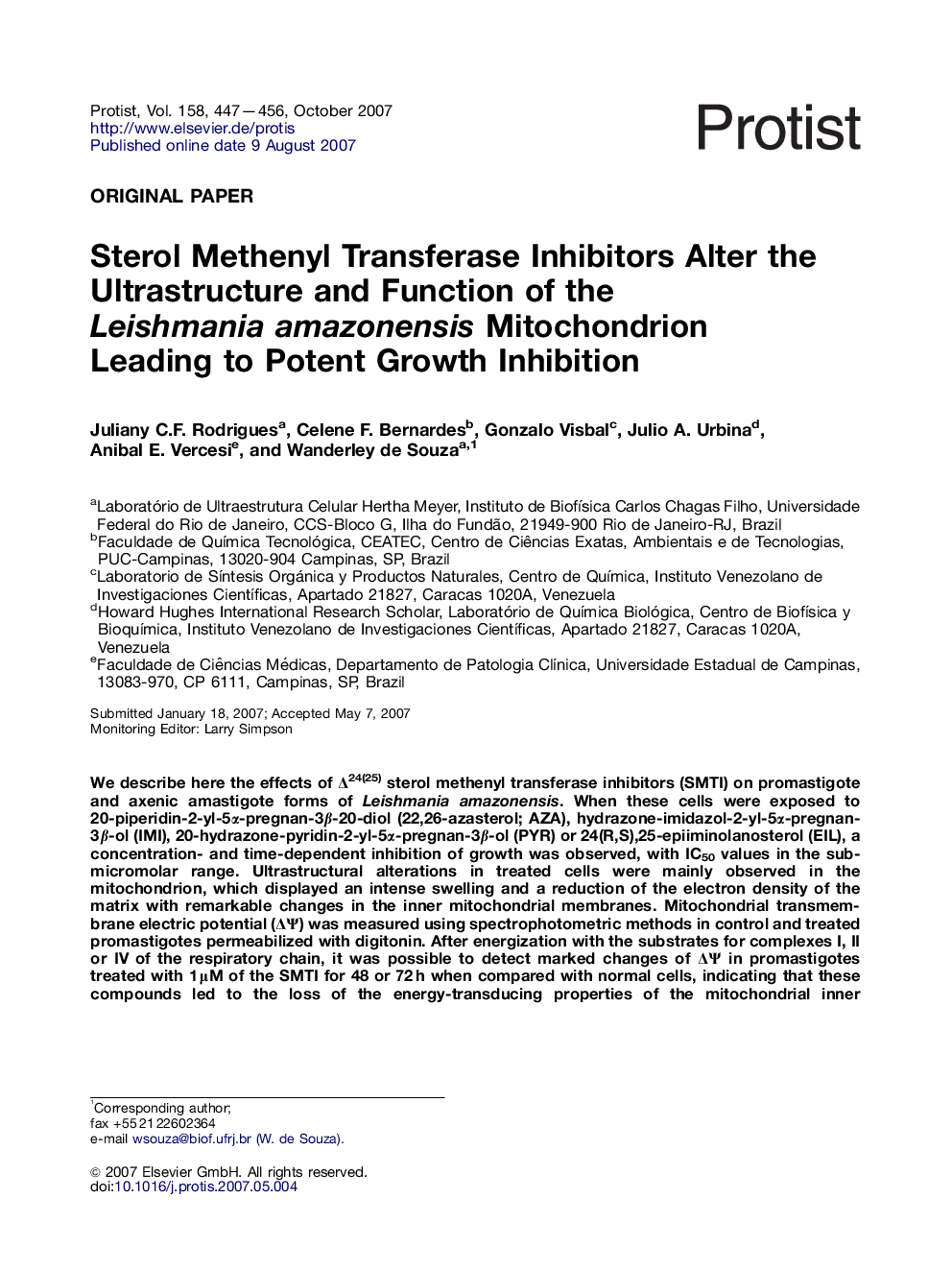 Sterol Methenyl Transferase Inhibitors Alter the Ultrastructure and Function of the Leishmania amazonensis Mitochondrion Leading to Potent Growth Inhibition