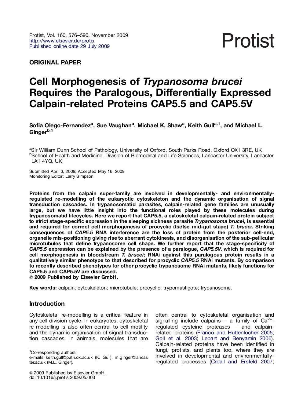 Cell Morphogenesis of Trypanosoma brucei Requires the Paralogous, Differentially Expressed Calpain-related Proteins CAP5.5 and CAP5.5V