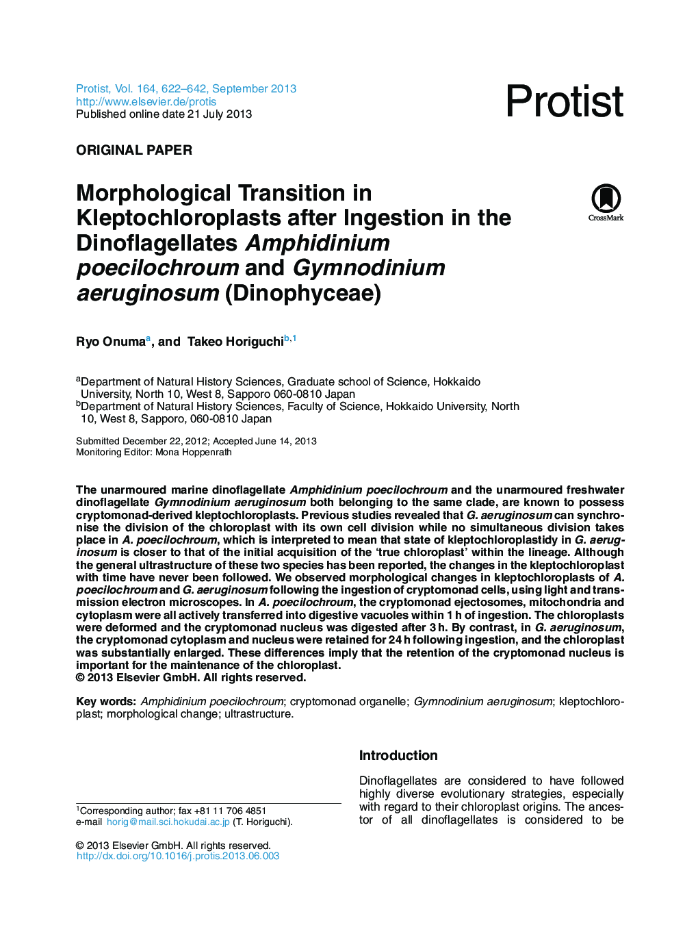 Morphological Transition in Kleptochloroplasts after Ingestion in the Dinoflagellates Amphidinium poecilochroum and Gymnodinium aeruginosum (Dinophyceae)