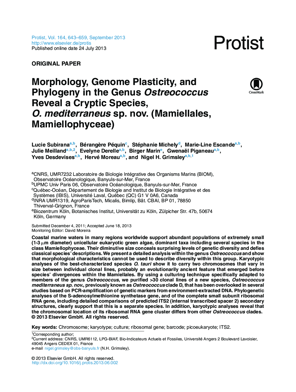 Morphology, Genome Plasticity, and Phylogeny in the Genus Ostreococcus Reveal a Cryptic Species, O. mediterraneus sp. nov. (Mamiellales, Mamiellophyceae)