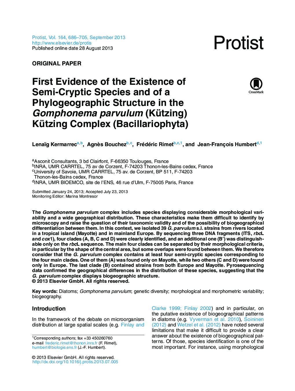 First Evidence of the Existence of Semi-Cryptic Species and of a Phylogeographic Structure in the Gomphonema parvulum (Kützing) Kützing Complex (Bacillariophyta)