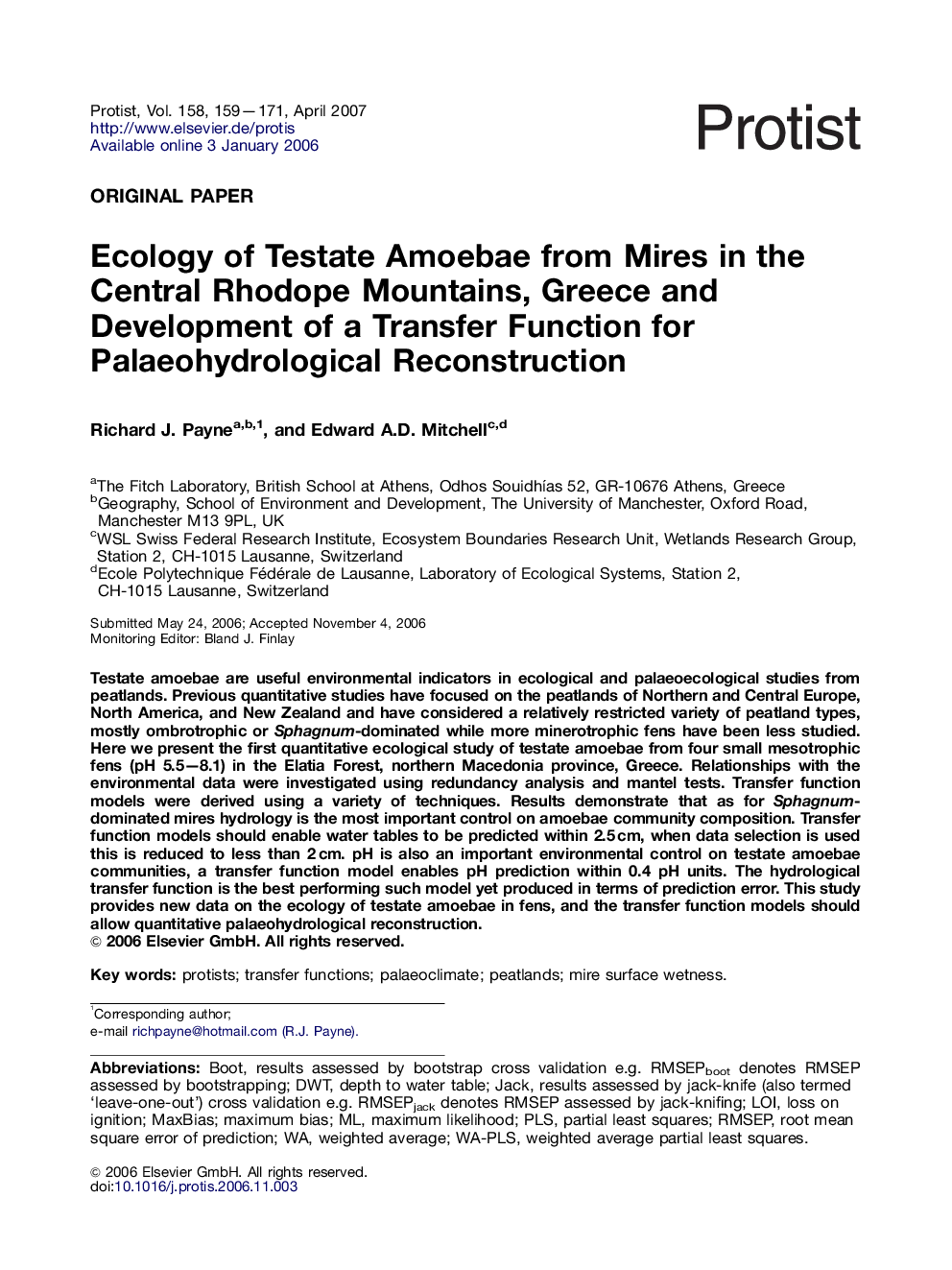 Ecology of Testate Amoebae from Mires in the Central Rhodope Mountains, Greece and Development of a Transfer Function for Palaeohydrological Reconstruction