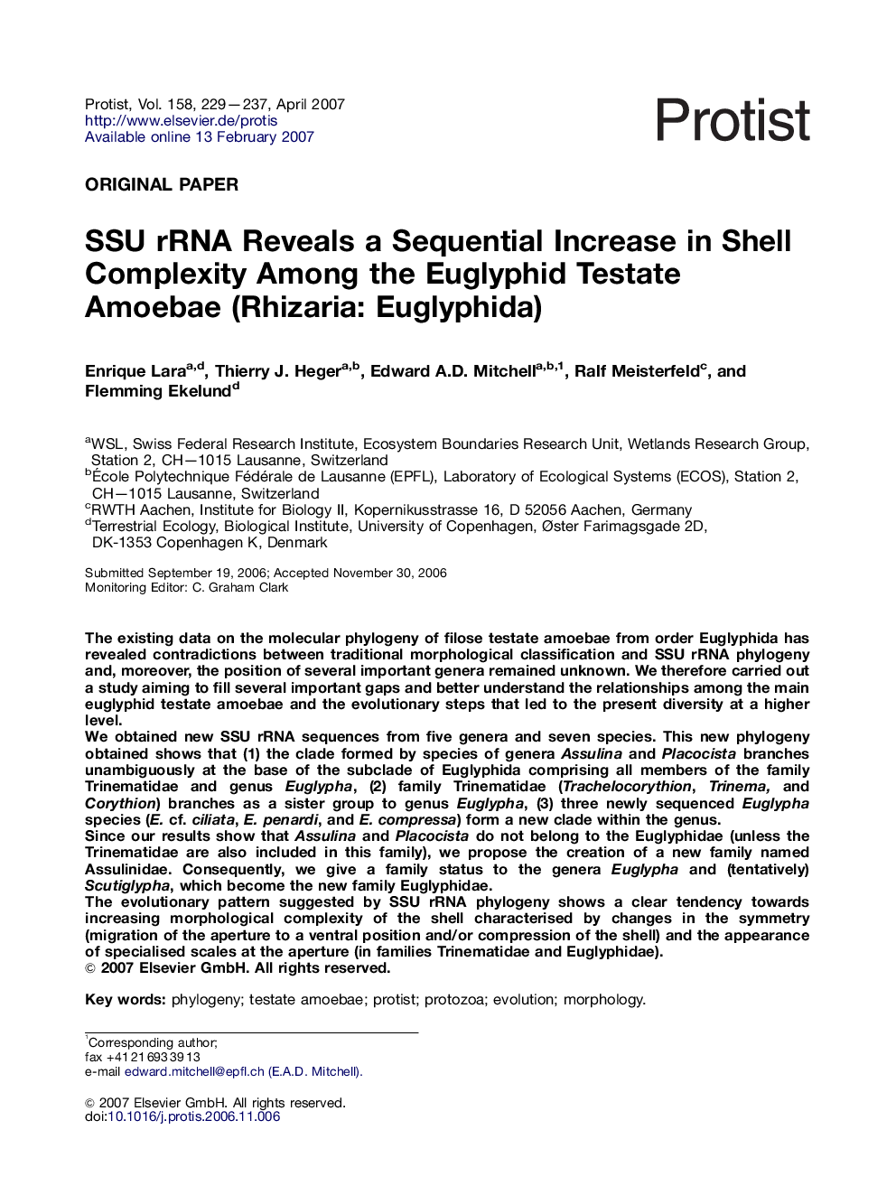 SSU rRNA Reveals a Sequential Increase in Shell Complexity Among the Euglyphid Testate Amoebae (Rhizaria: Euglyphida)