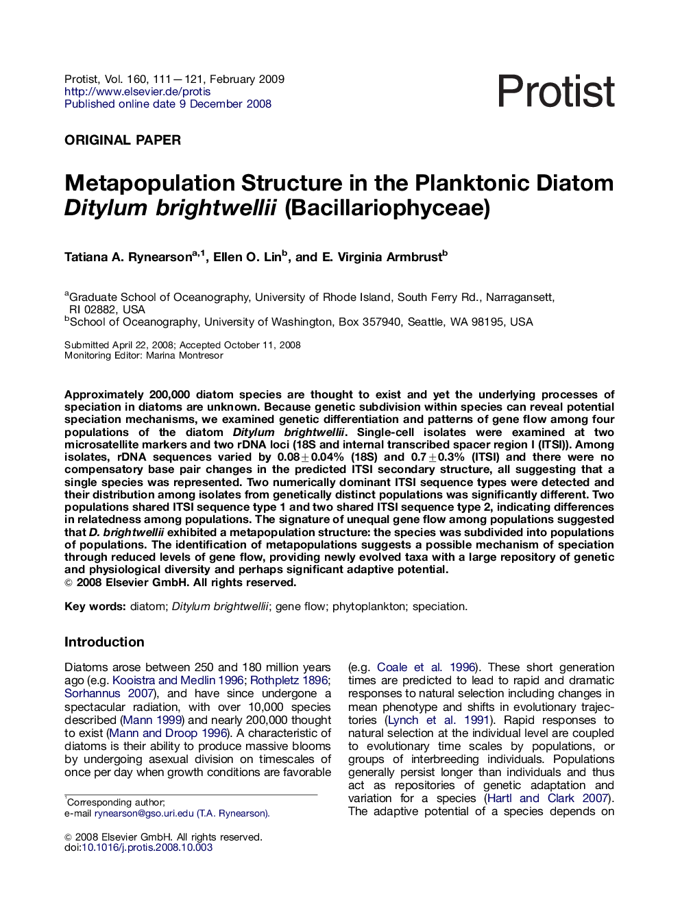 Metapopulation Structure in the Planktonic Diatom Ditylum brightwellii (Bacillariophyceae)