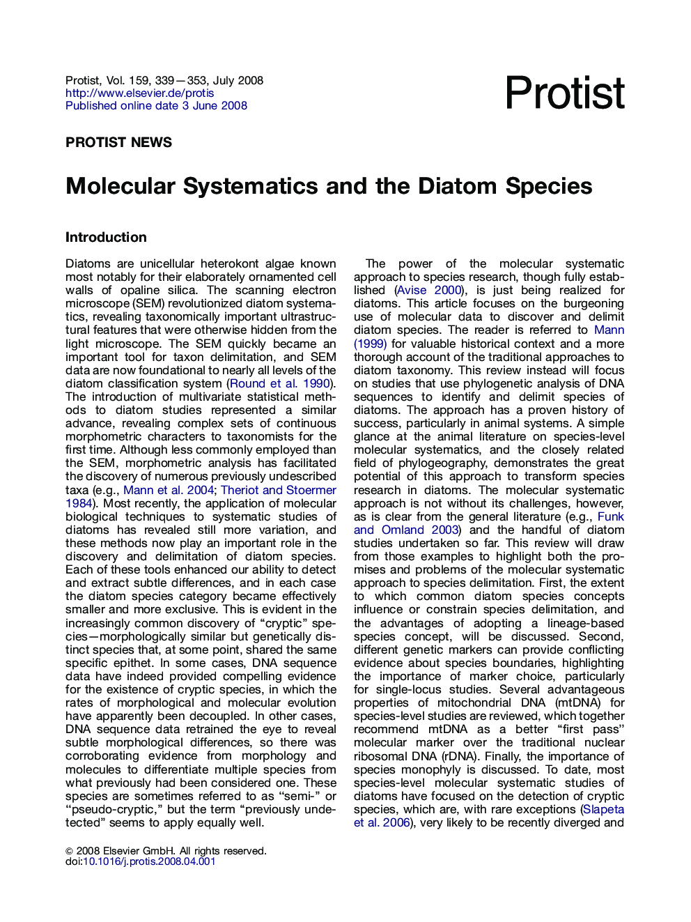 Molecular Systematics and the Diatom Species