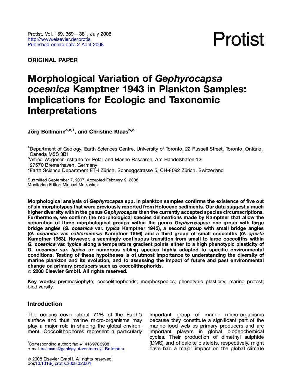 Morphological Variation of Gephyrocapsa oceanica Kamptner 1943 in Plankton Samples: Implications for Ecologic and Taxonomic Interpretations