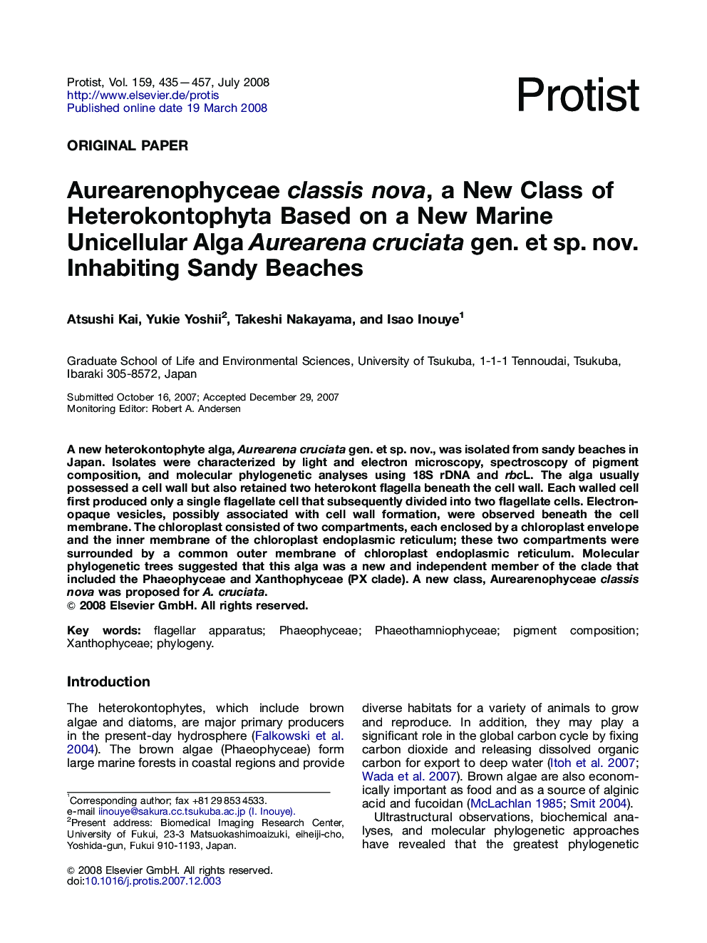 Aurearenophyceae classis nova, a New Class of Heterokontophyta Based on a New Marine Unicellular Alga Aurearena cruciata gen. et sp. nov. Inhabiting Sandy Beaches