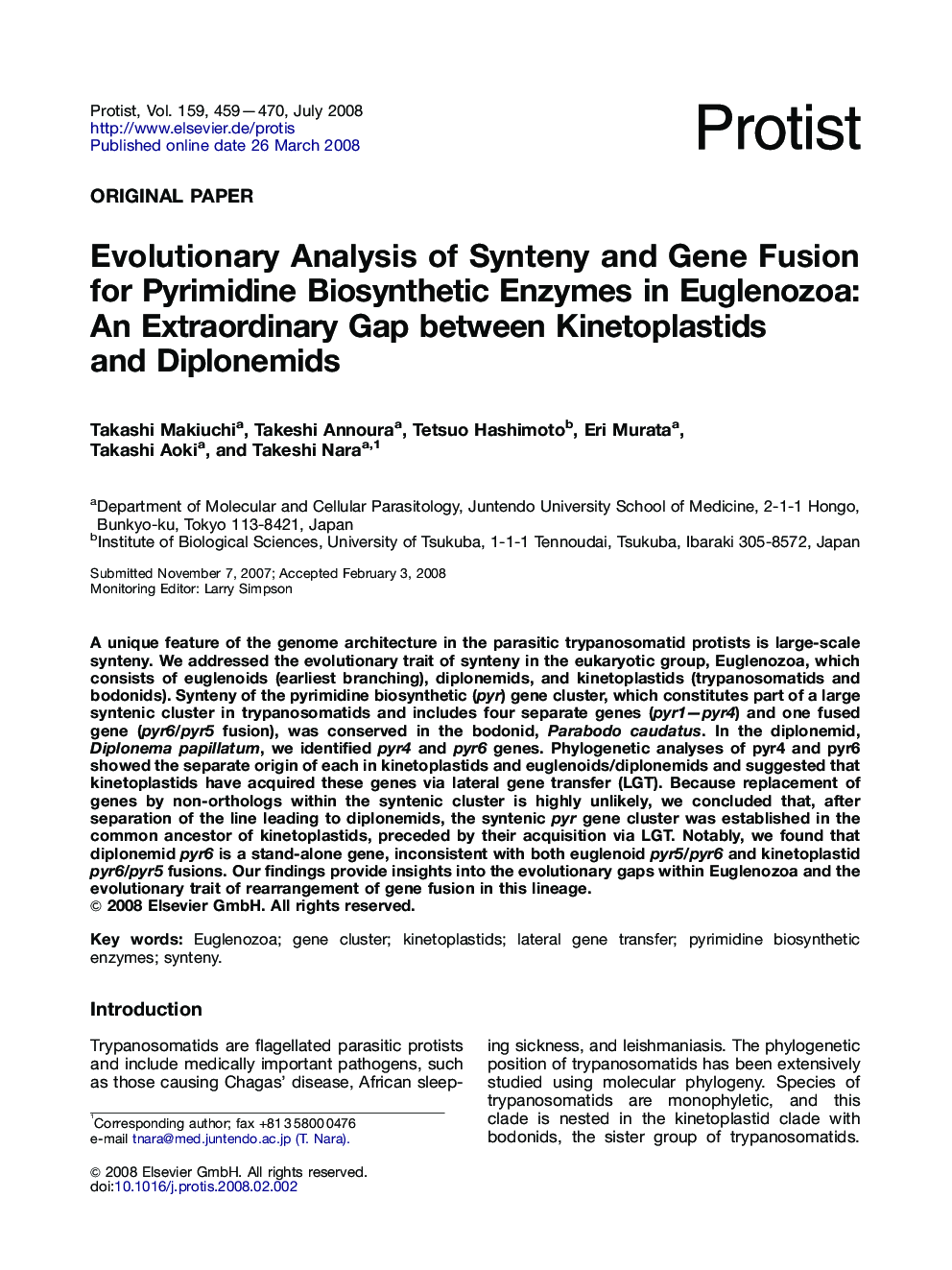 Evolutionary Analysis of Synteny and Gene Fusion for Pyrimidine Biosynthetic Enzymes in Euglenozoa: An Extraordinary Gap between Kinetoplastids and Diplonemids
