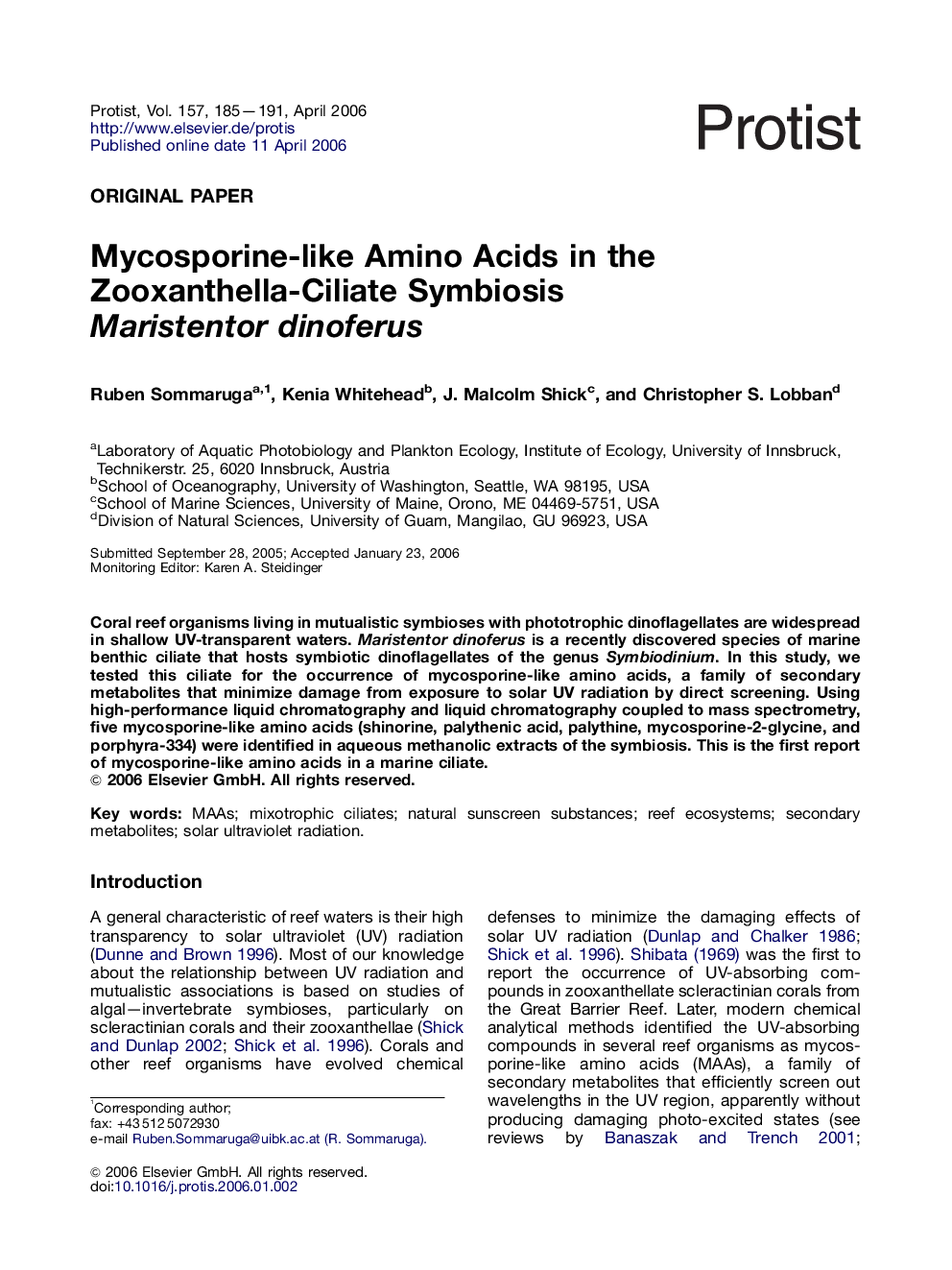 Mycosporine-like Amino Acids in the Zooxanthella-Ciliate Symbiosis Maristentor dinoferus