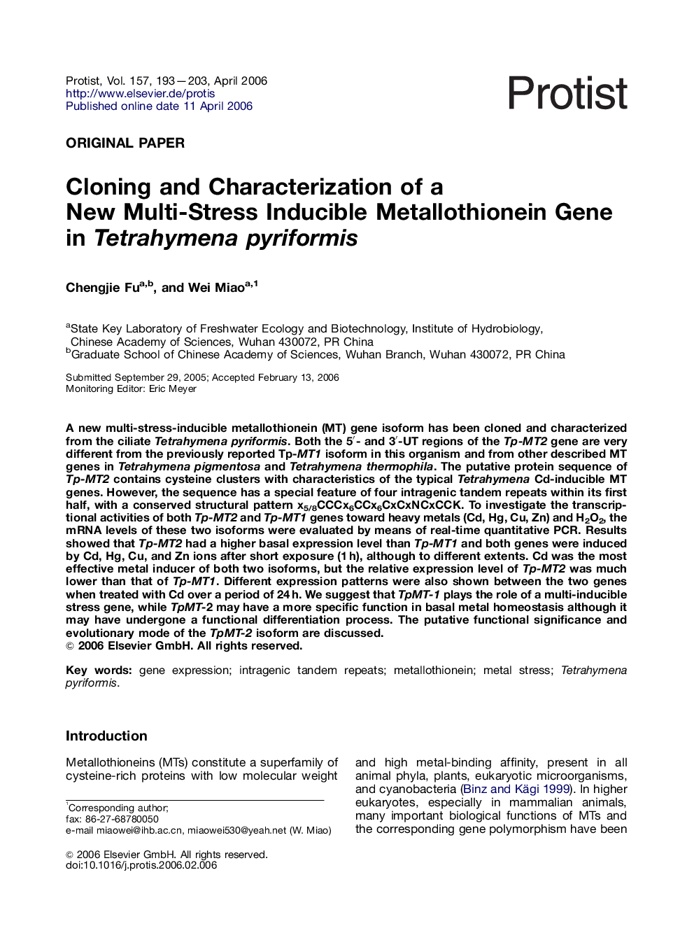 Cloning and Characterization of a New Multi-Stress Inducible Metallothionein Gene in Tetrahymena pyriformis