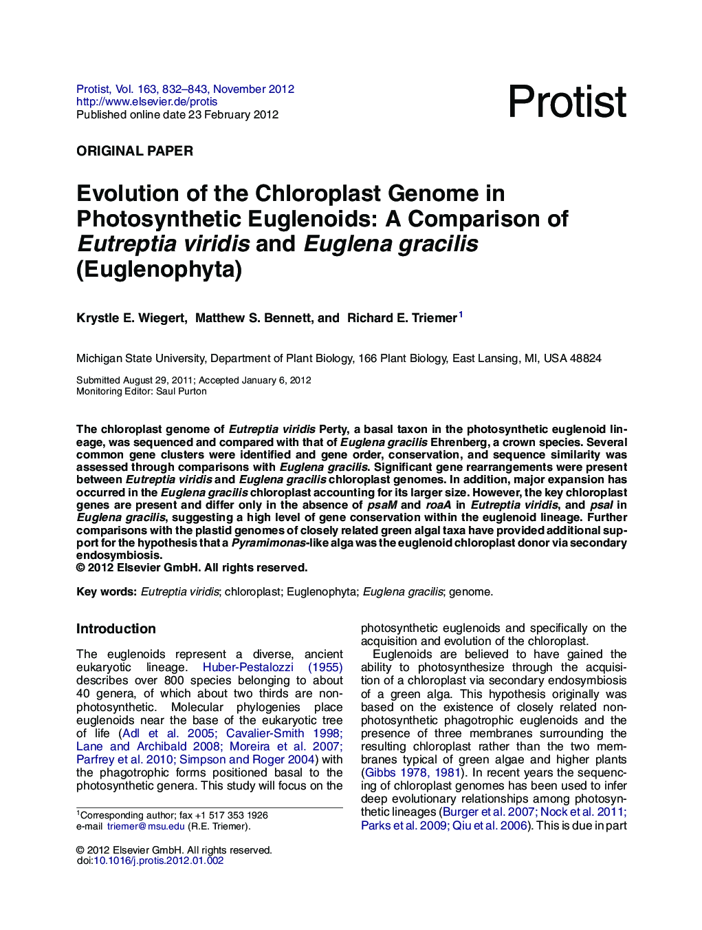 Evolution of the Chloroplast Genome in Photosynthetic Euglenoids: A Comparison of Eutreptia viridis and Euglena gracilis (Euglenophyta)