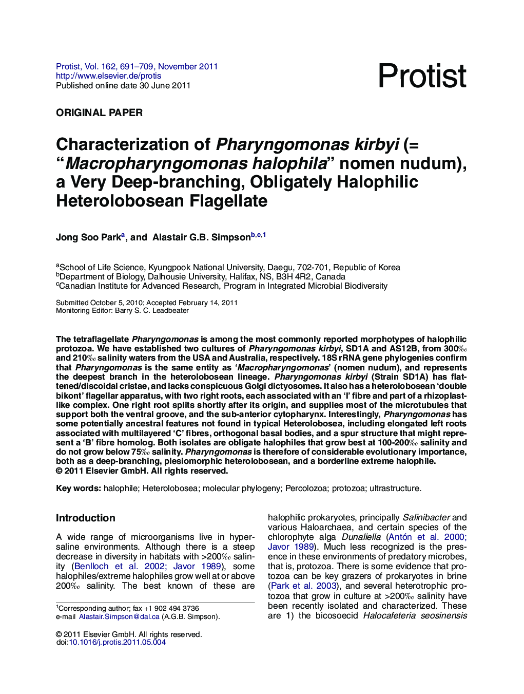 Characterization of Pharyngomonas kirbyi (= “Macropharyngomonas halophila” nomen nudum), a Very Deep-branching, Obligately Halophilic Heterolobosean Flagellate
