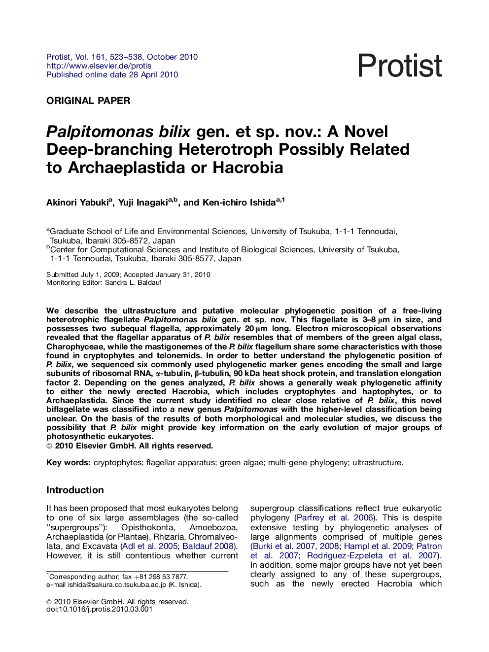 Palpitomonas bilix gen. et sp. nov.: A Novel Deep-branching Heterotroph Possibly Related to Archaeplastida or Hacrobia