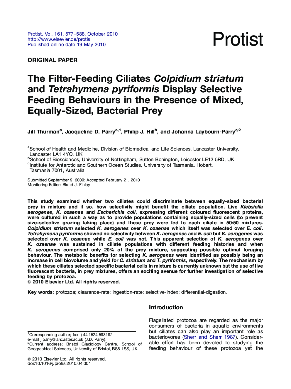 The Filter-Feeding Ciliates Colpidium striatum and Tetrahymena pyriformis Display Selective Feeding Behaviours in the Presence of Mixed, Equally-Sized, Bacterial Prey