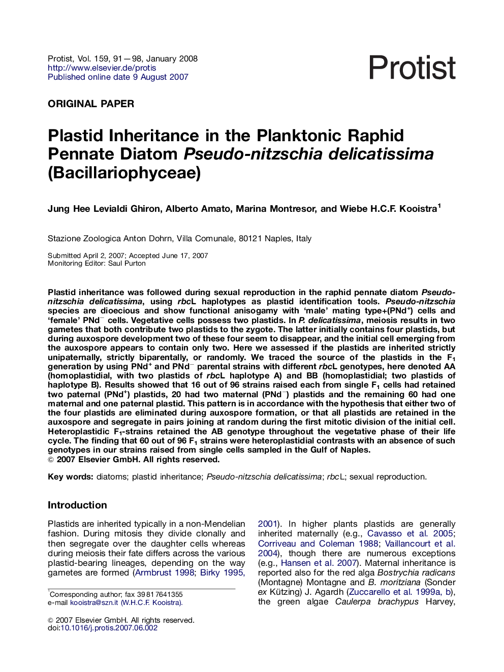 Plastid Inheritance in the Planktonic Raphid Pennate Diatom Pseudo-nitzschia delicatissima (Bacillariophyceae)