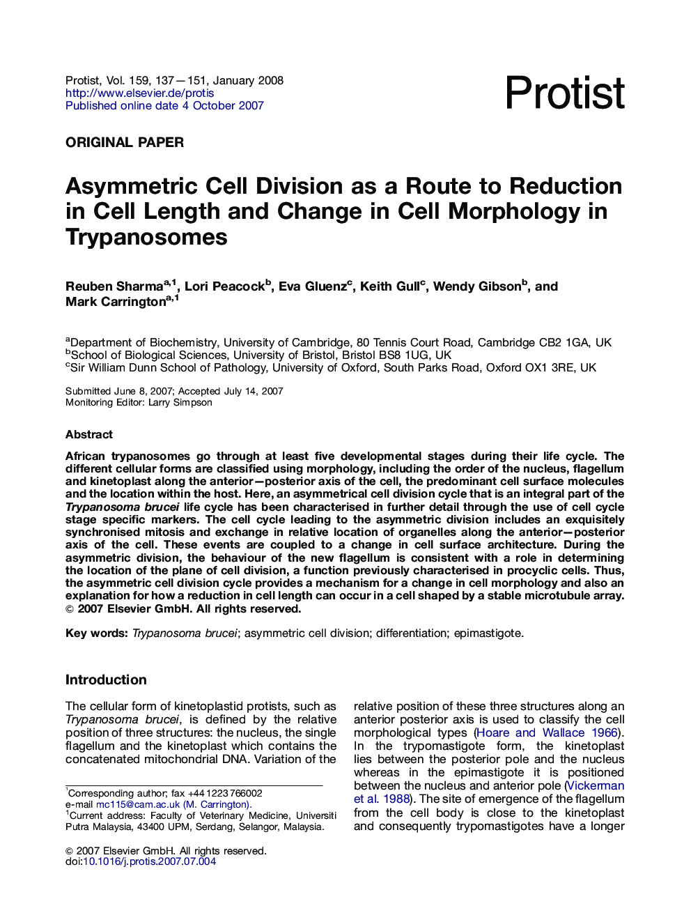 Asymmetric Cell Division as a Route to Reduction in Cell Length and Change in Cell Morphology in Trypanosomes