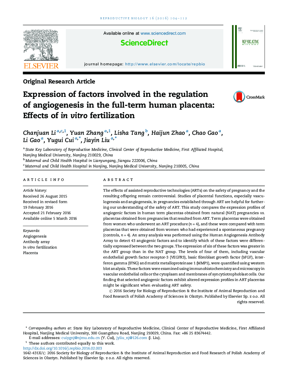 Expression of factors involved in the regulation of angiogenesis in the full-term human placenta: Effects of in vitro fertilization
