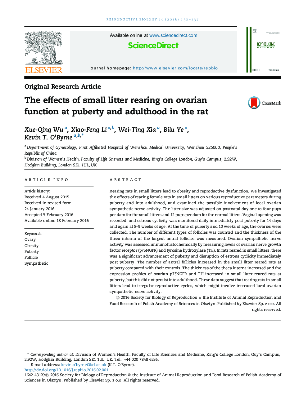 The effects of small litter rearing on ovarian function at puberty and adulthood in the rat