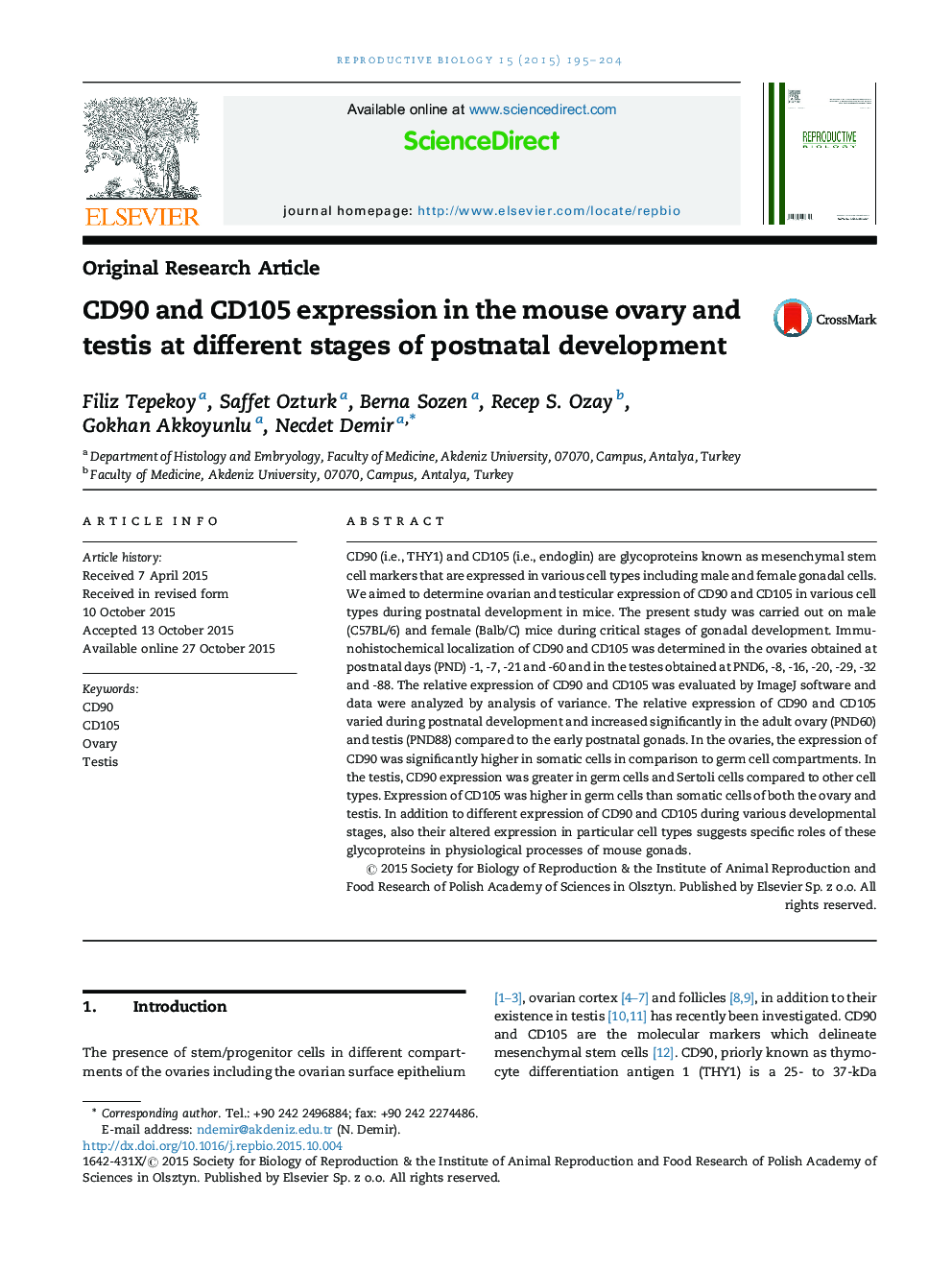 CD90 and CD105 expression in the mouse ovary and testis at different stages of postnatal development