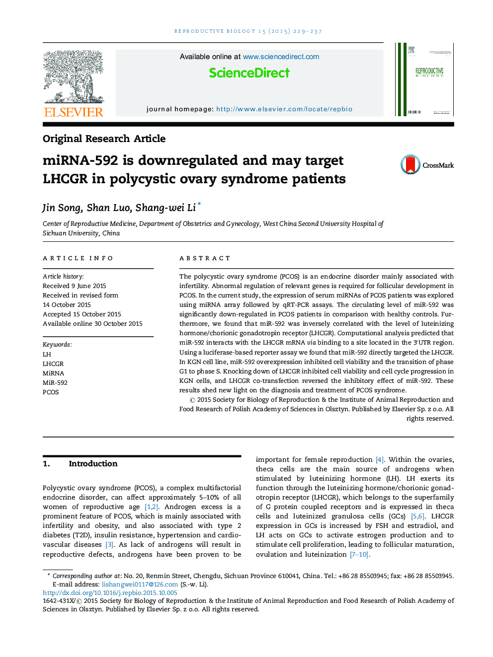 miRNA-592 is downregulated and may target LHCGR in polycystic ovary syndrome patients