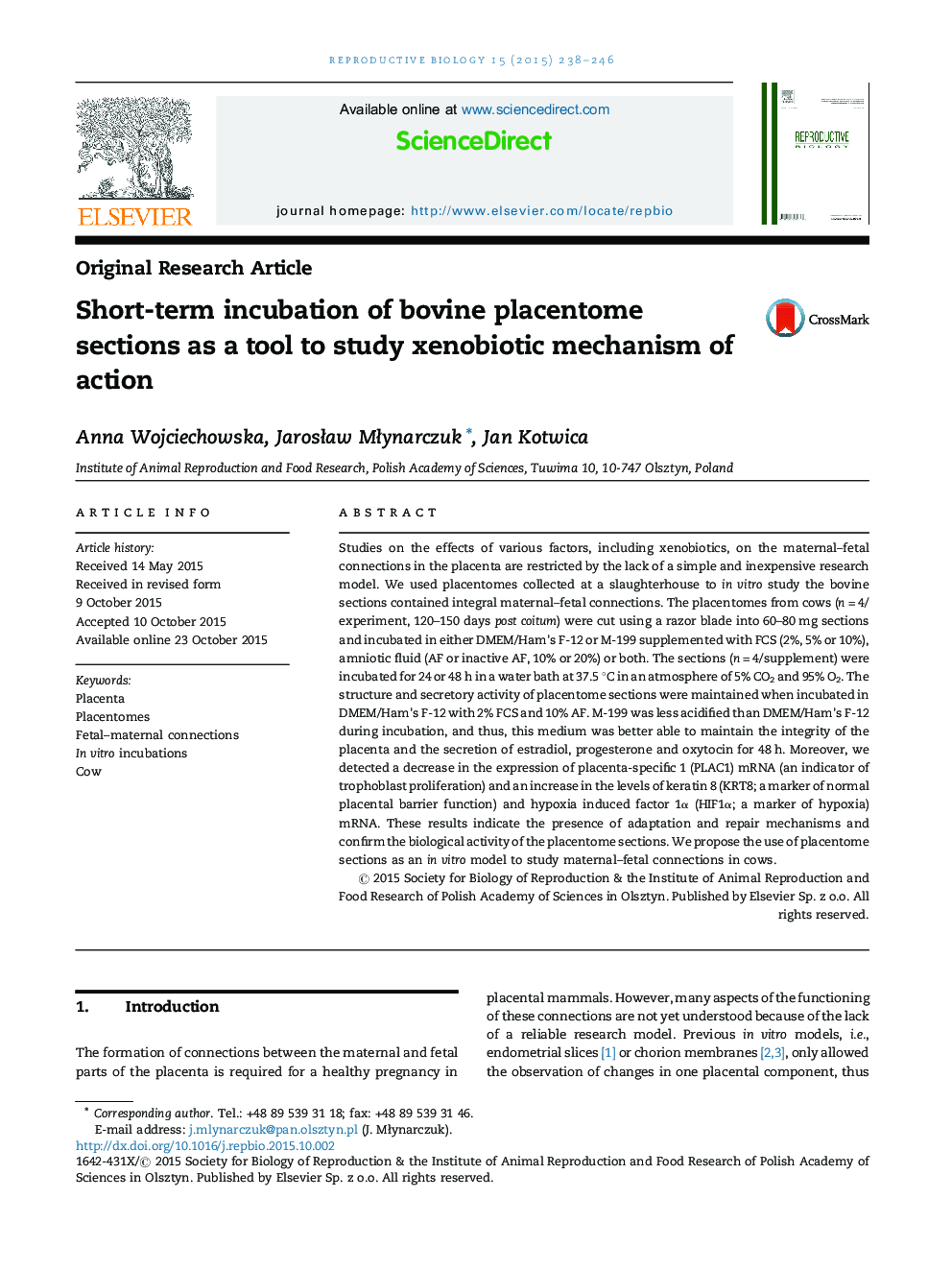 Short-term incubation of bovine placentome sections as a tool to study xenobiotic mechanism of action