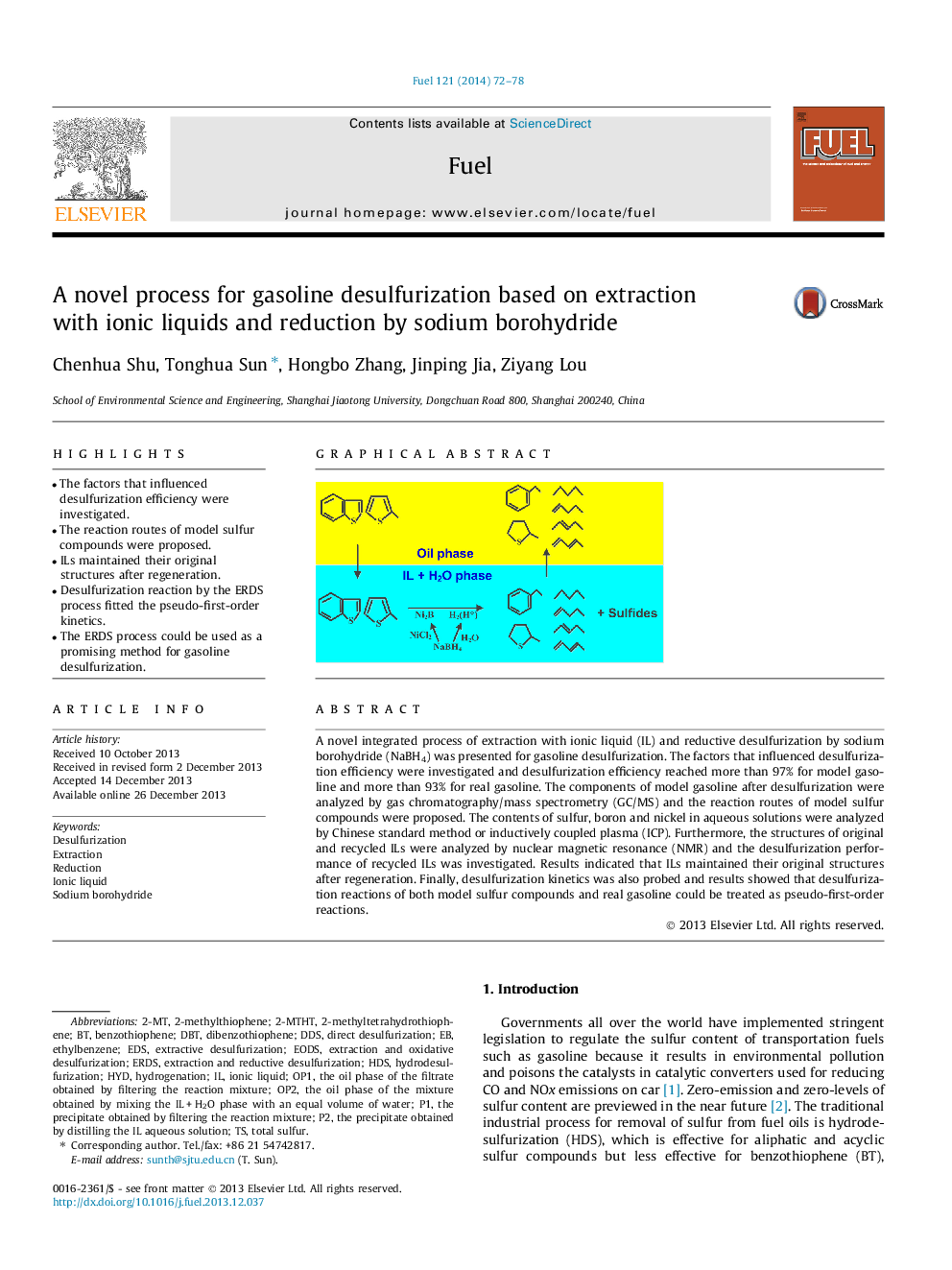 A novel process for gasoline desulfurization based on extraction with ionic liquids and reduction by sodium borohydride