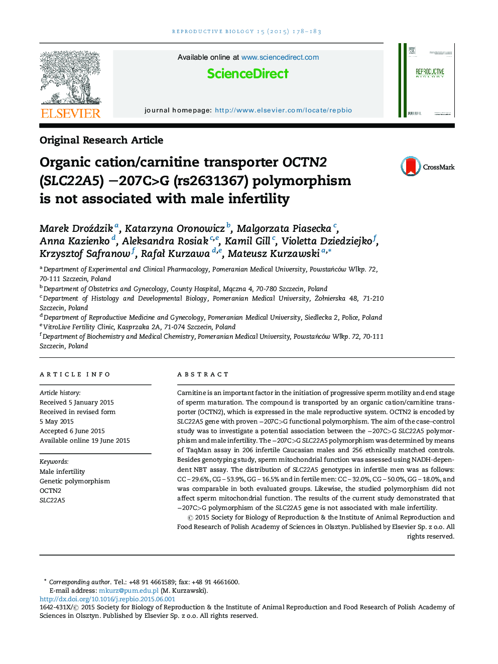 Organic cation/carnitine transporter OCTN2 (SLC22A5) −207C>G (rs2631367) polymorphism is not associated with male infertility