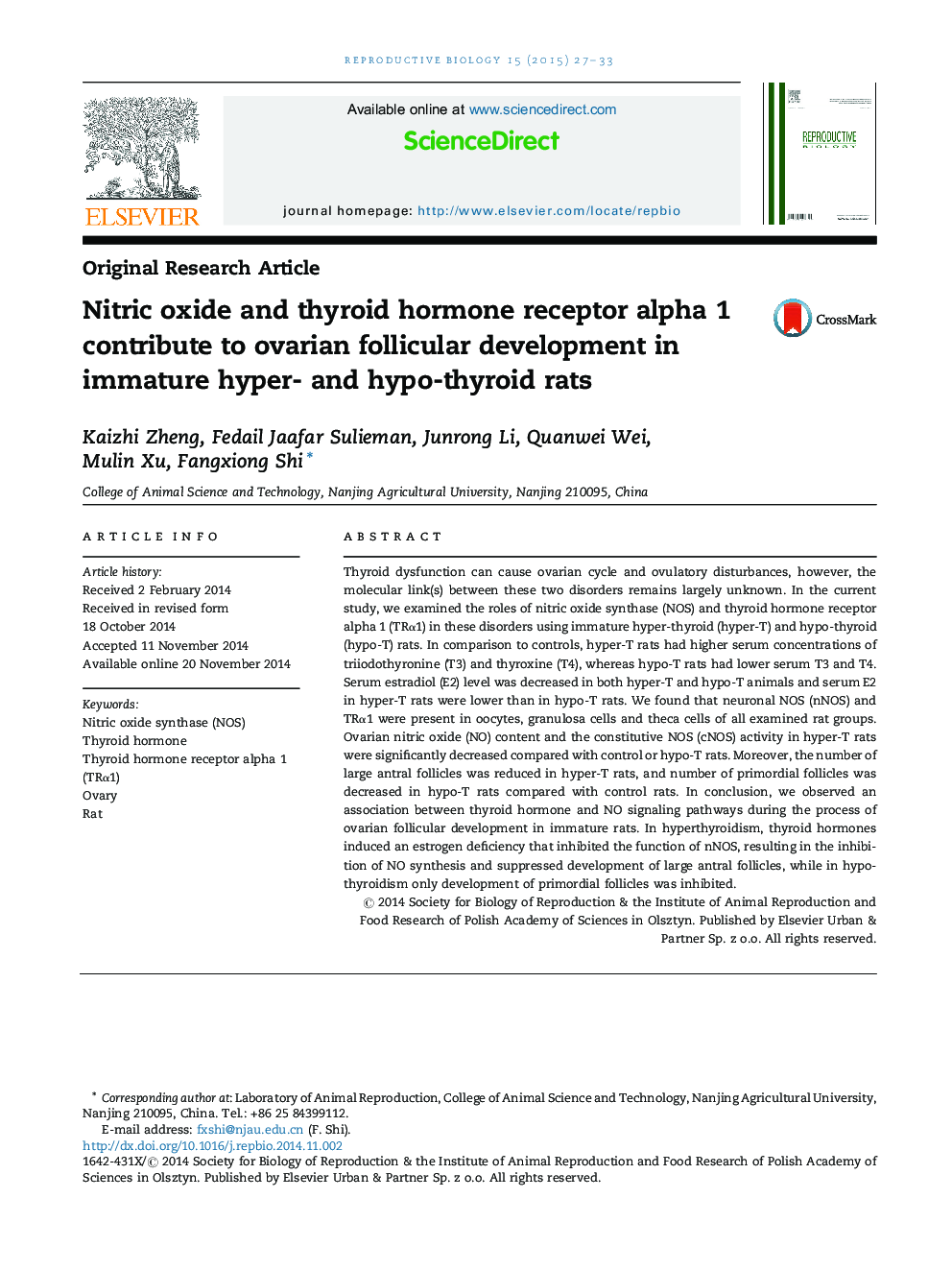 Nitric oxide and thyroid hormone receptor alpha 1 contribute to ovarian follicular development in immature hyper- and hypo-thyroid rats