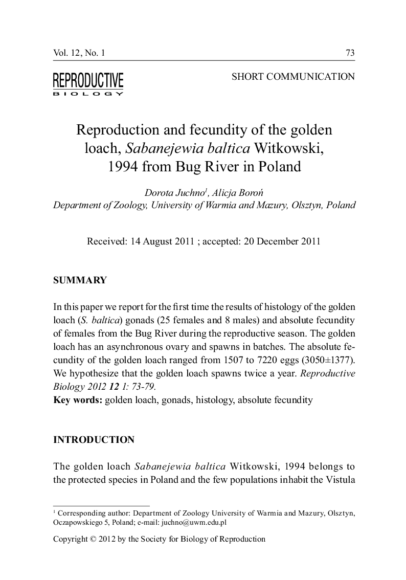 Reproduction and fecundity of the golden loach, Sabanejewia baltica Witkowski, 1994 from Bug River in Poland