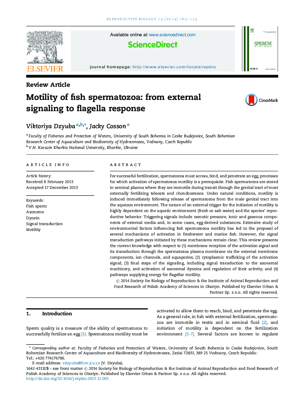 Motility of fish spermatozoa: from external signaling to flagella response